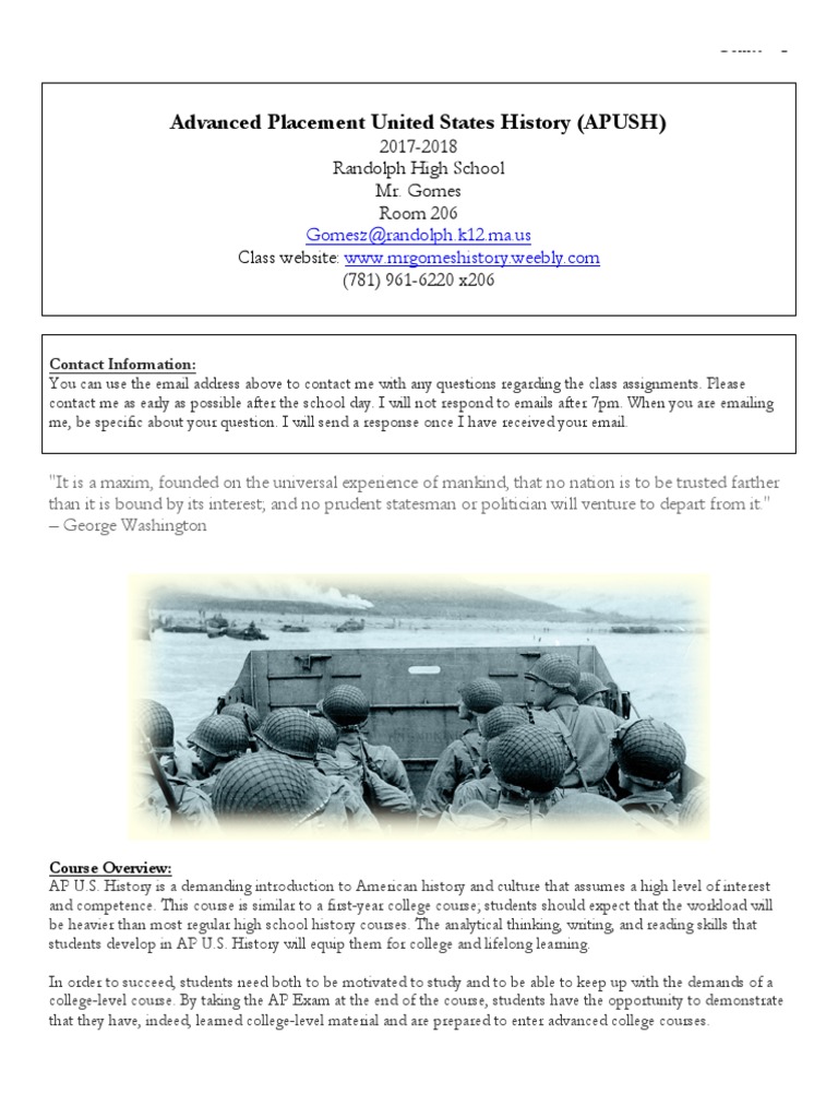 AP U.S. History Course Overview 2017-2018 | PDF | Homework | Advanced ...
