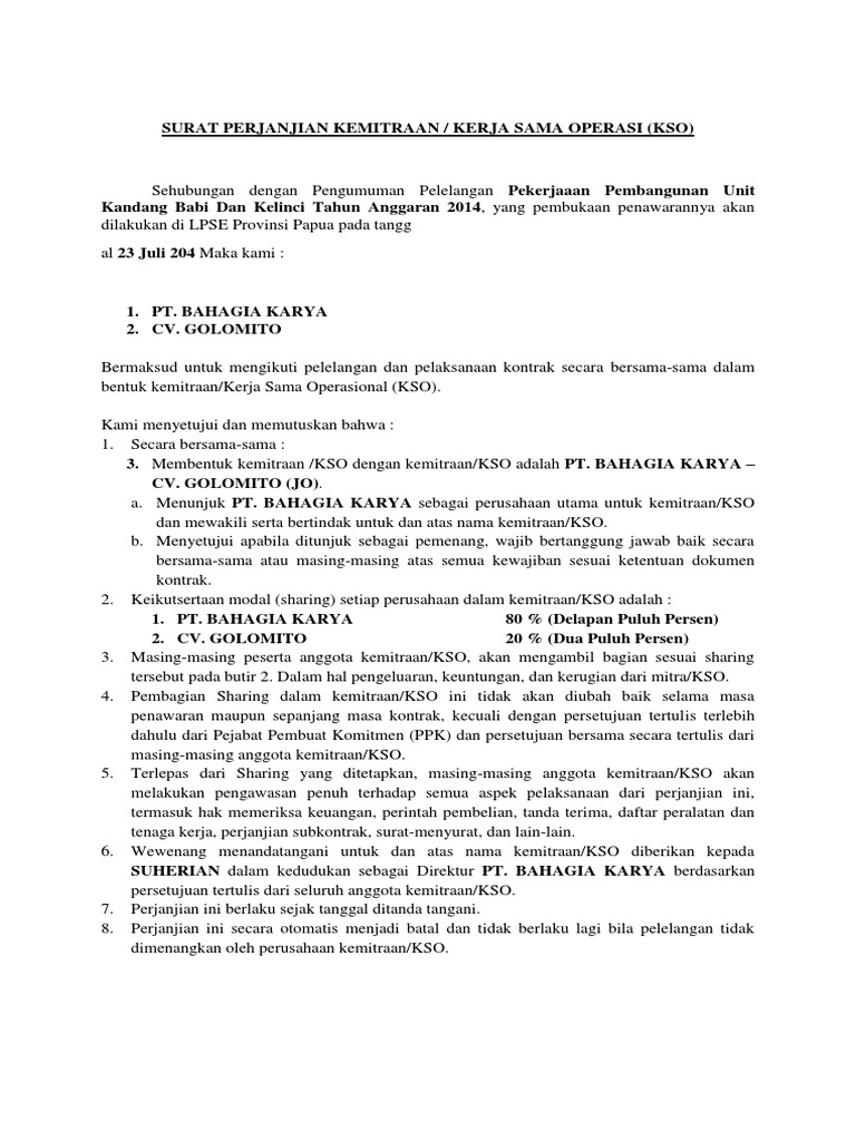 Contoh Surat Perjanjian Sub Kontraktor Dengan Kontraktor