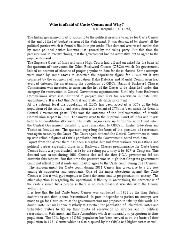 Who Is Afraid of Caste Census and Why? | PDF