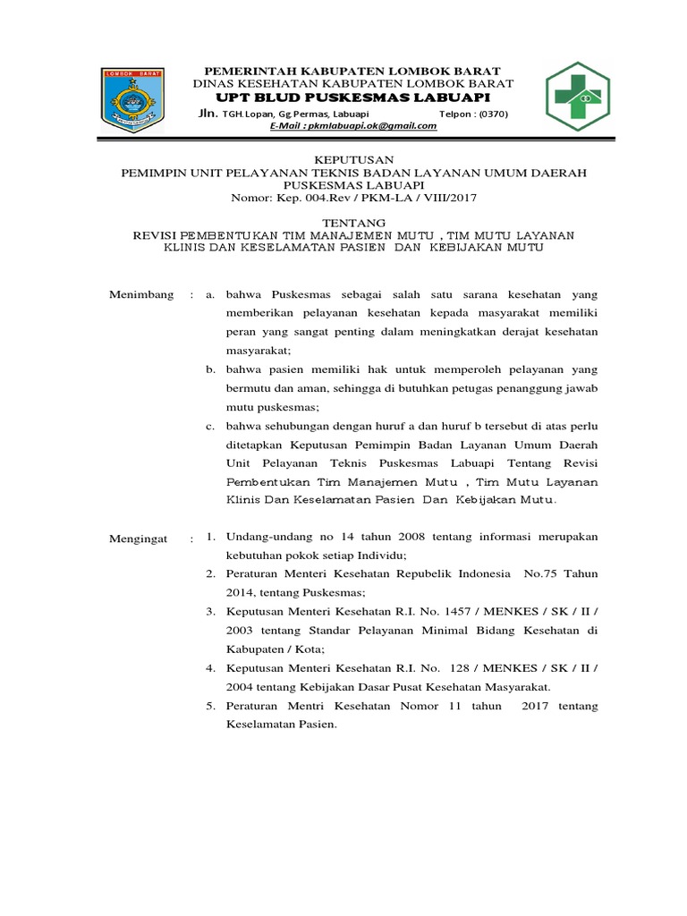 Contoh Sk Penanggung Jawab Manajemen Mutu Puskesmas