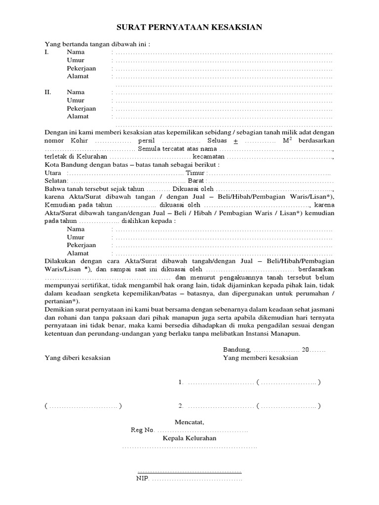 Surat Pernyataan Kesaksian Tanah