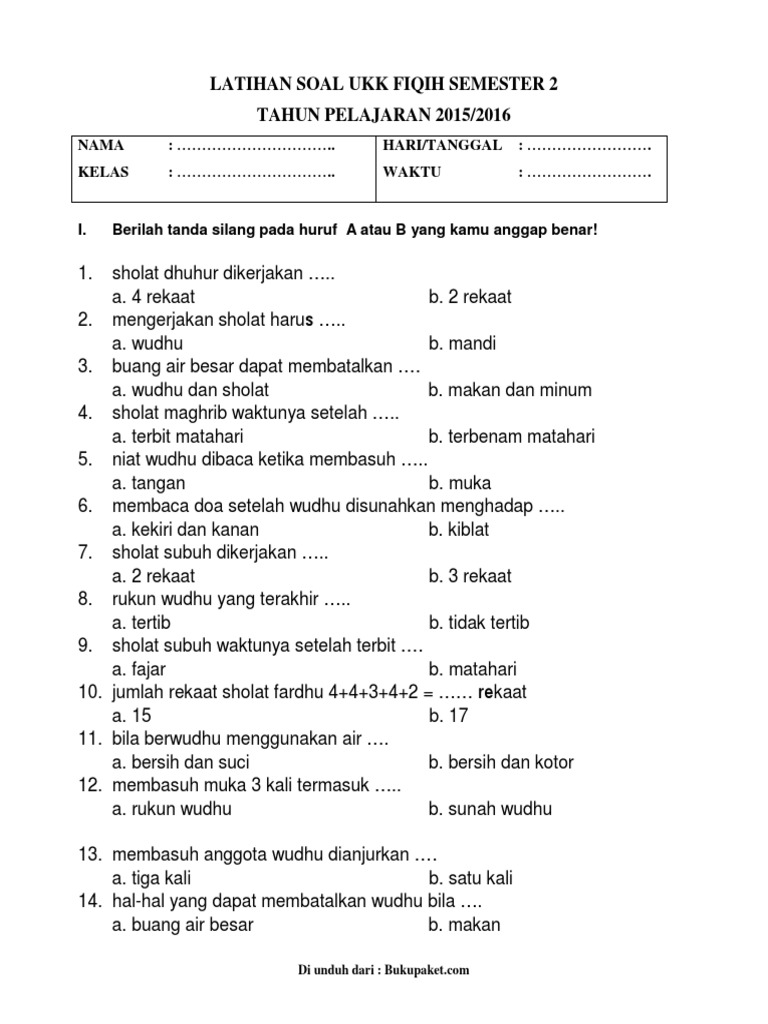 Soal Ukk Fiqih Kelas 1 Sd Dan Mi Pdf