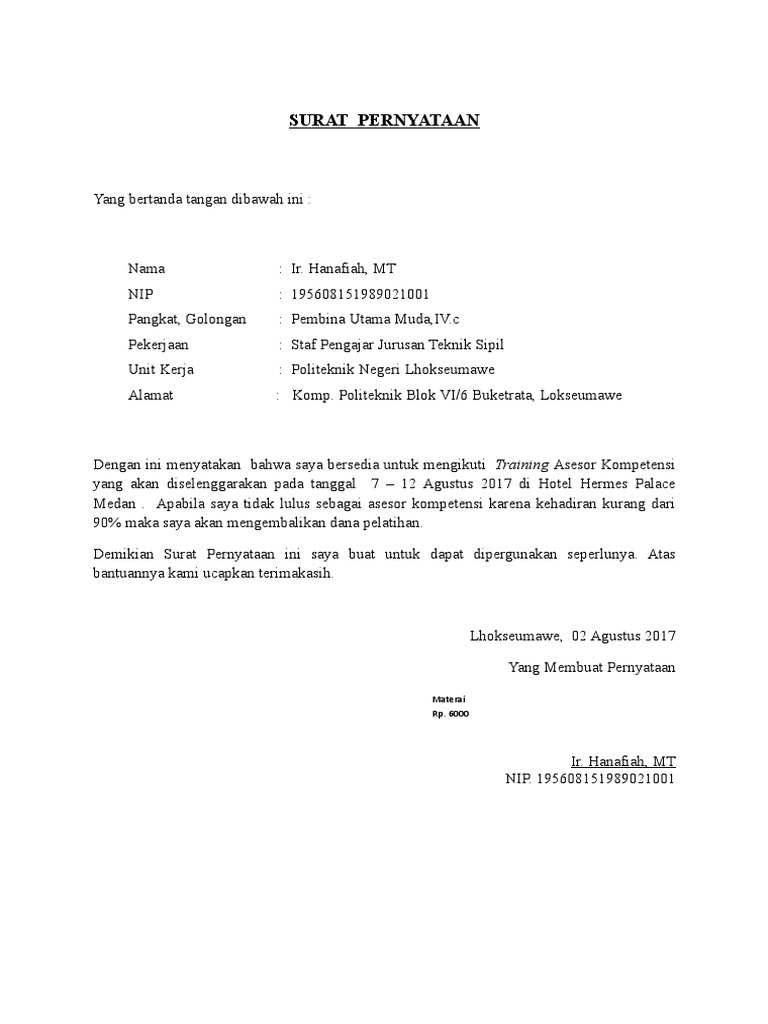 Surat Pernyataan Kesediaan Mengikuti Pelatihan