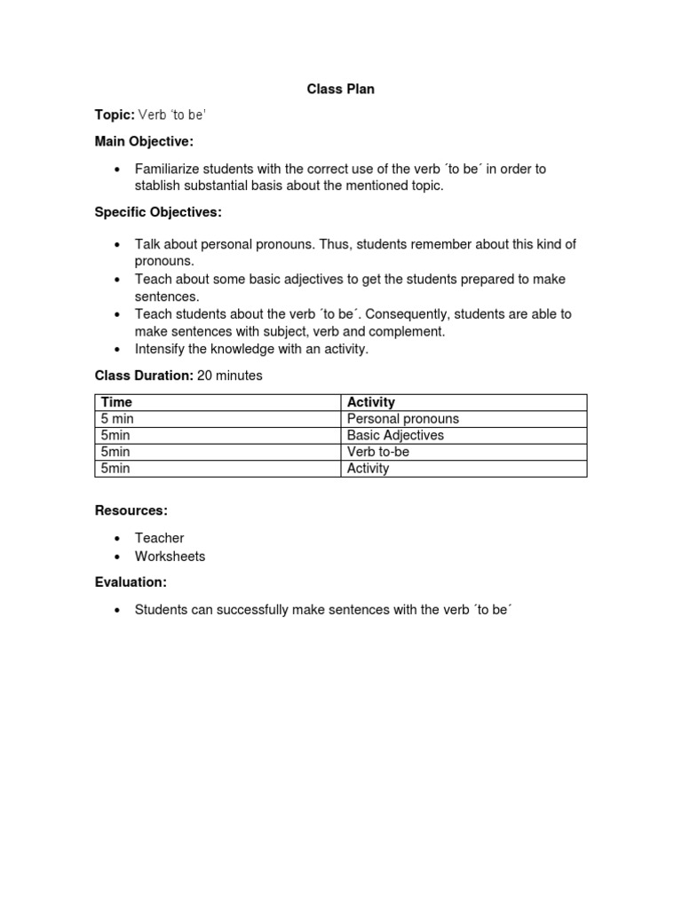 Teaching the Verb 'To Be' Class Plan | PDF | Career & Growth