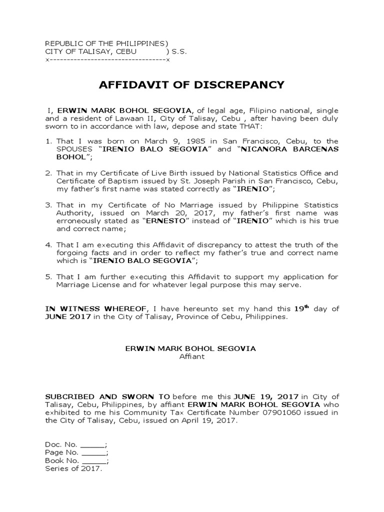Affidavit Of Discrepancy Affidavit Philippines