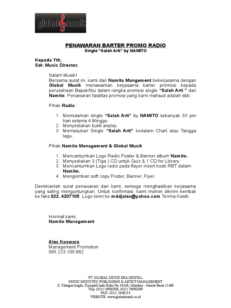 Surat Penawaran Barter Promo Radio
