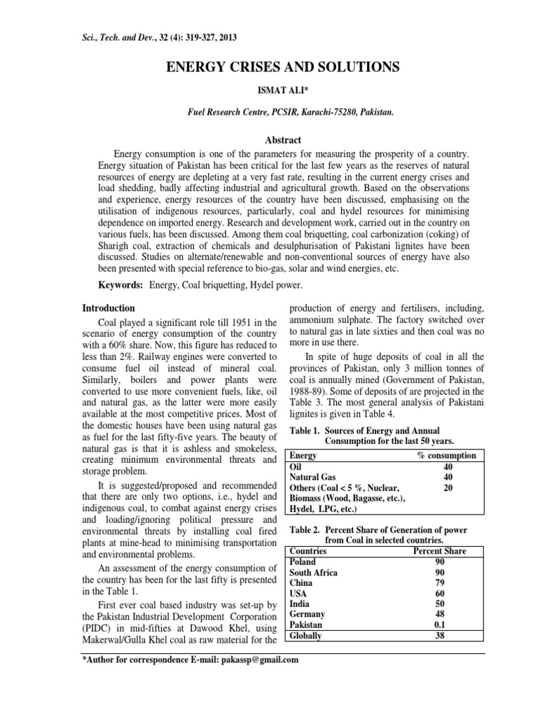 Energy Crises and Solutions: Sci., Tech. and Dev., 32 (4) : 319-327 ...