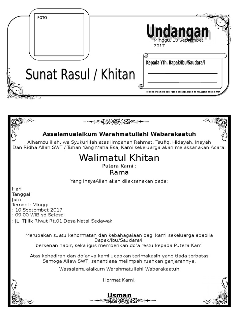 Contoh Undangan Sunatan Lewat Wa