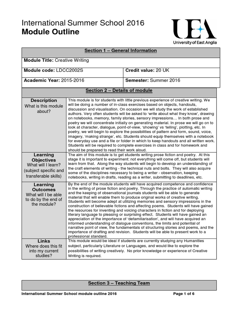Creative Writing Module Outline PDF Poetry Creative Writing