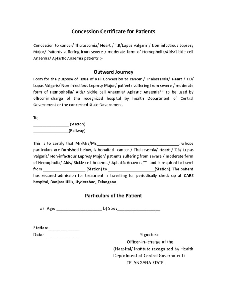New Railway Concession Certificate for Patients Patient Anemia