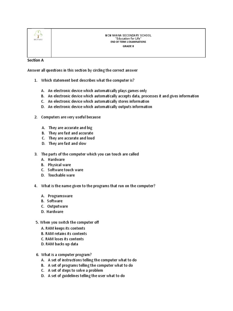 Grade 8 Computer Studies End of Term 1 Test PDF Computer Hardware