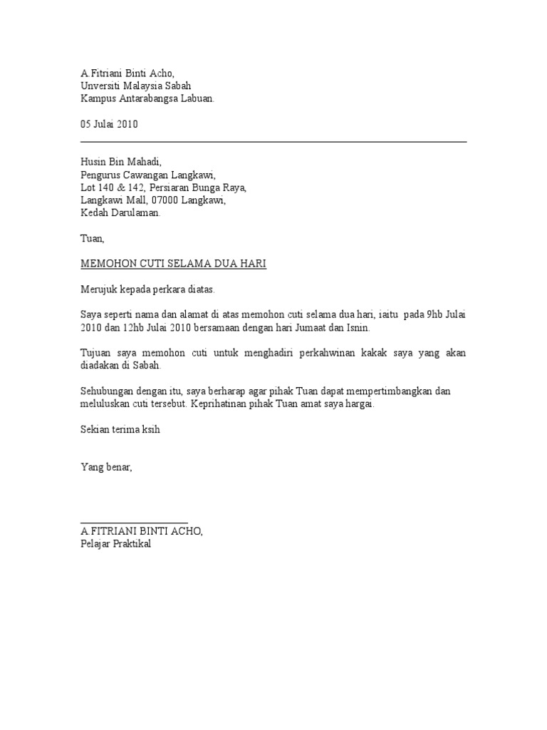 Surat Rasmi Cuti Balik Kampung - HRasmi