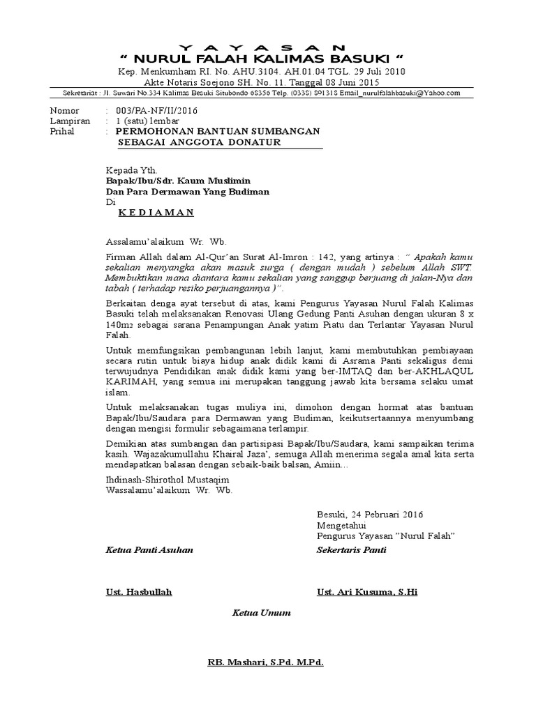 Contoh Surat Memohon Sumbangan Anak Yatim
