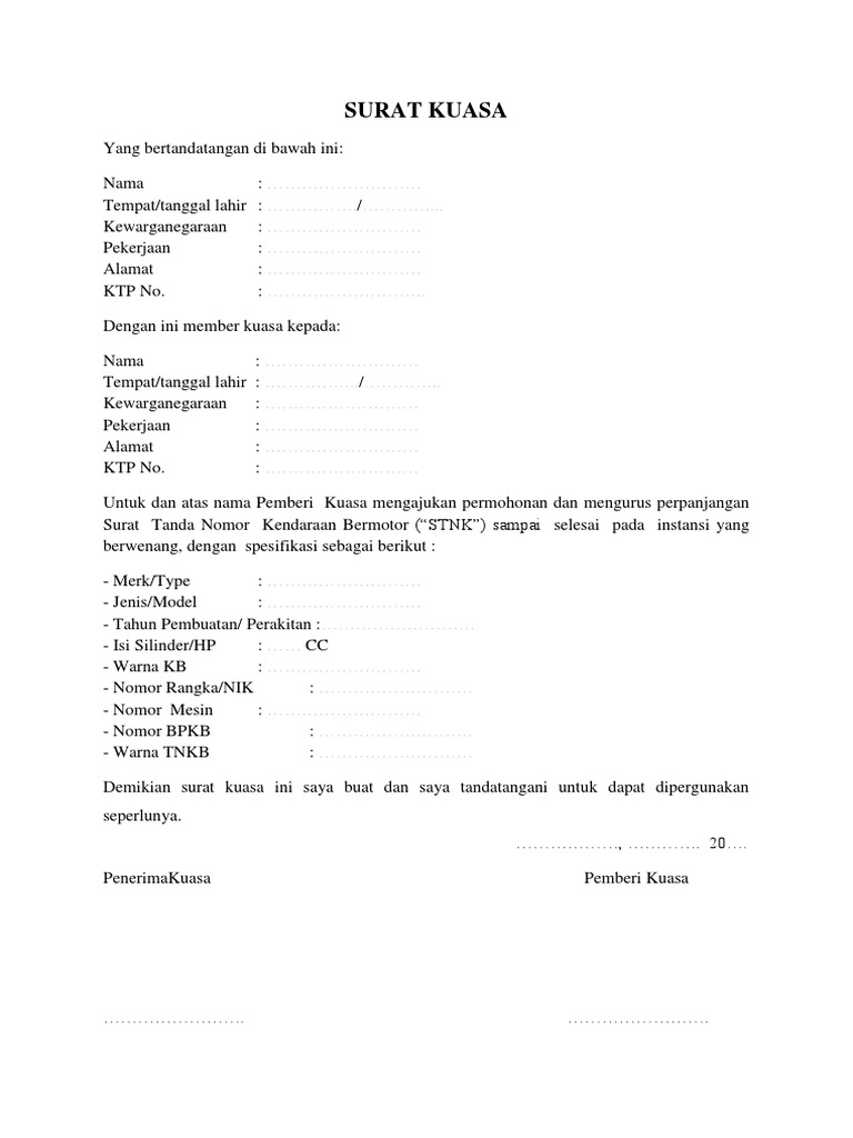 Contoh Surat Kuasa Pembayaran Pajak Motor Pdf