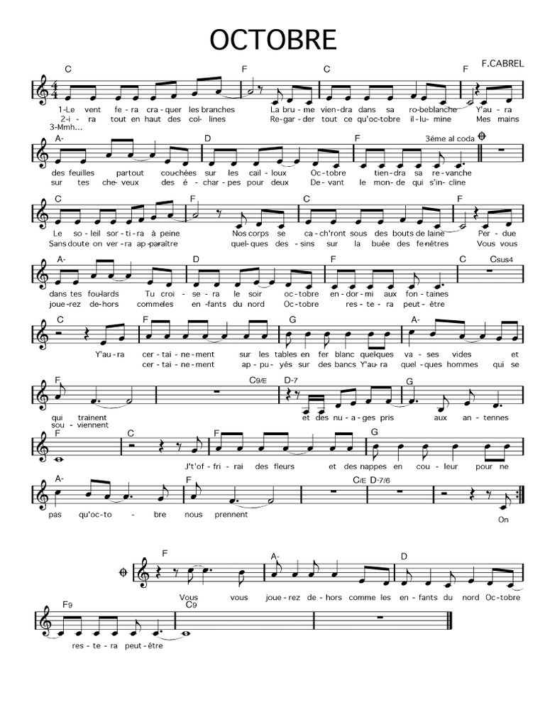 Song OctobreFrancisCabrelpianosheet PDF PDF
