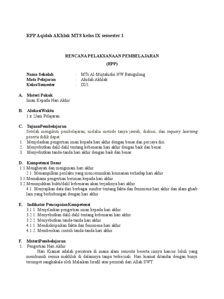 Rpp Aqidah Akhlak Mts Kelas Ix Semester 1 Docx