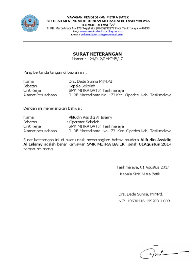 Contoh Surat Keterangan Kerja