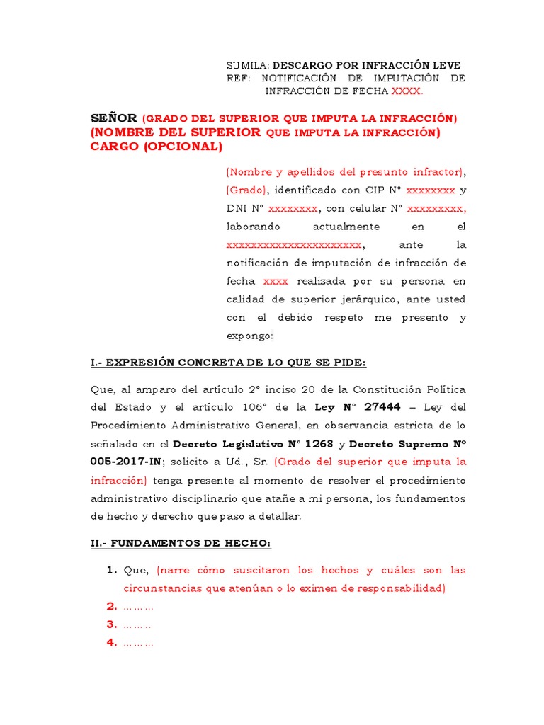 Modelo de Descargo para Infracción Leve PDF Virtud Instituciones