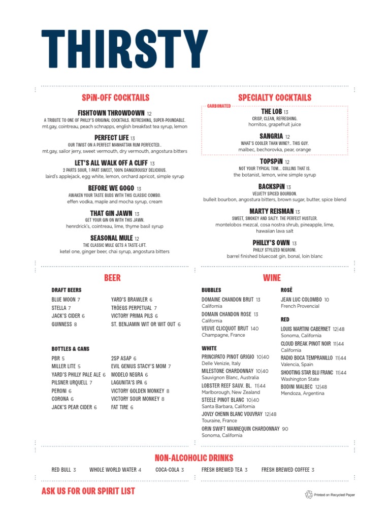 SPiN Philadelphia Thirsty Menu Fermented Drinks Drink Free 30day