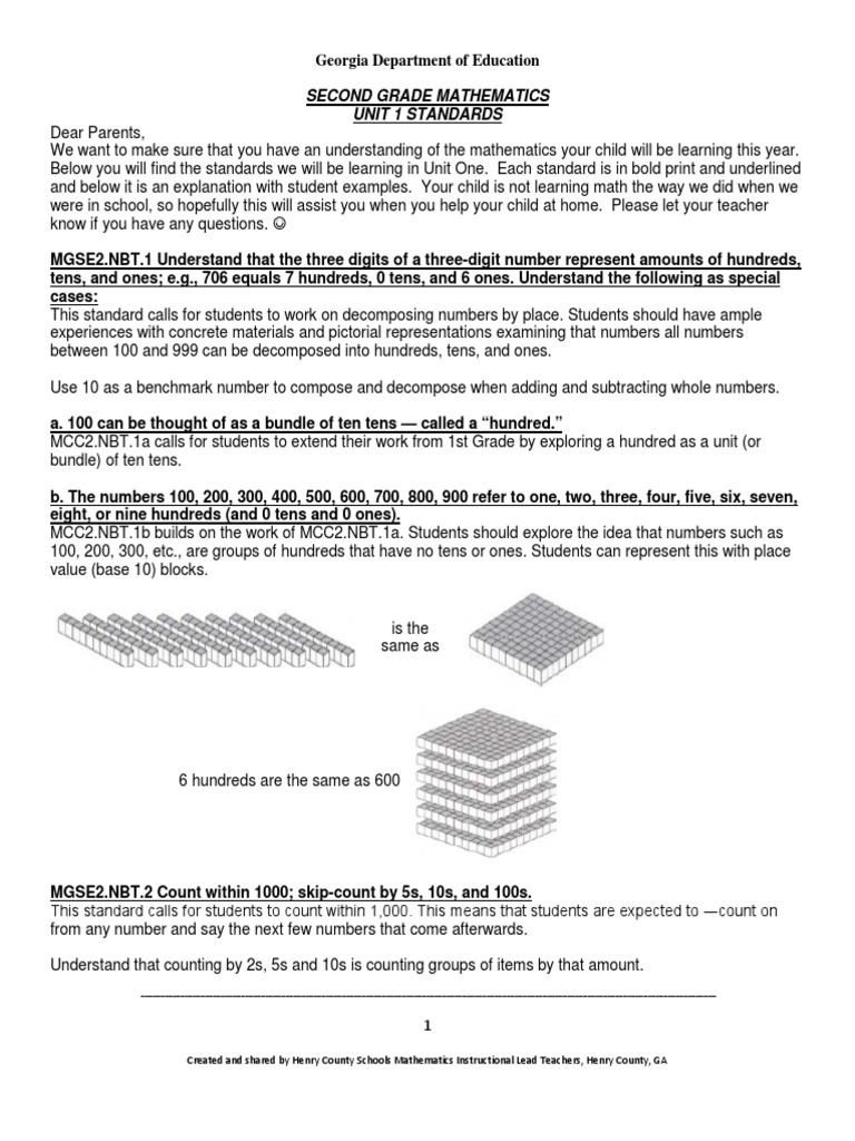 Second Grade Math Unit 1 Standards Guide | PDF | Decimal | Chart