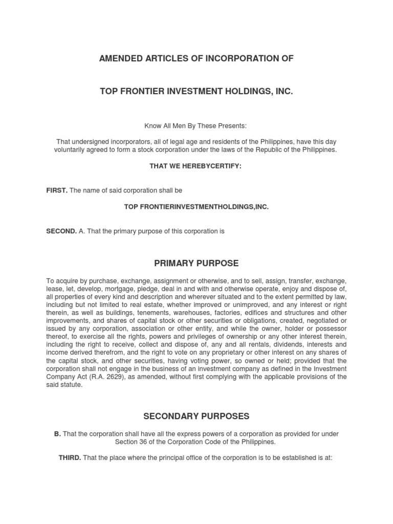 Amended Articles of Incorporation Of | Preferred Stock | Board Of Directors