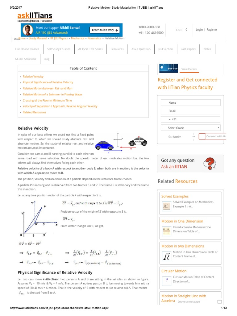 Relative Motion Study Material For IIT JEE AskIITians PDF