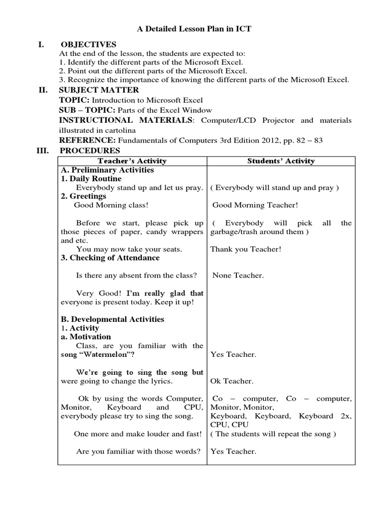 A Detailed Lesson Plan in ICT Microsoft Excel Spreadsheet