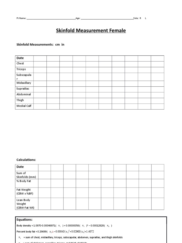 Skinfold Measurements Female PDF Human Weight Human Anatomy