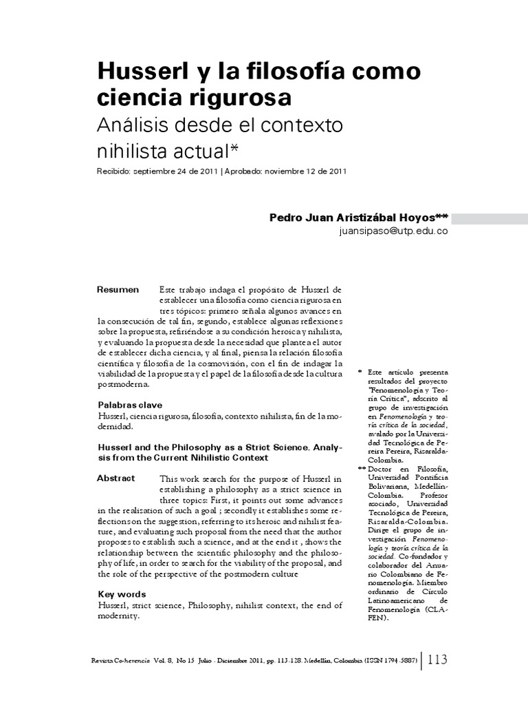 Husserl y La Filosofia Como Ciencia Estricta PDF PDF Edmund Husserl