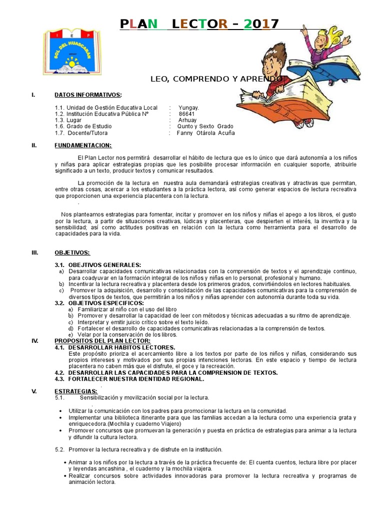 Plan Lector para Quinto y Sexto Grado | PDF | Salón de clases ...