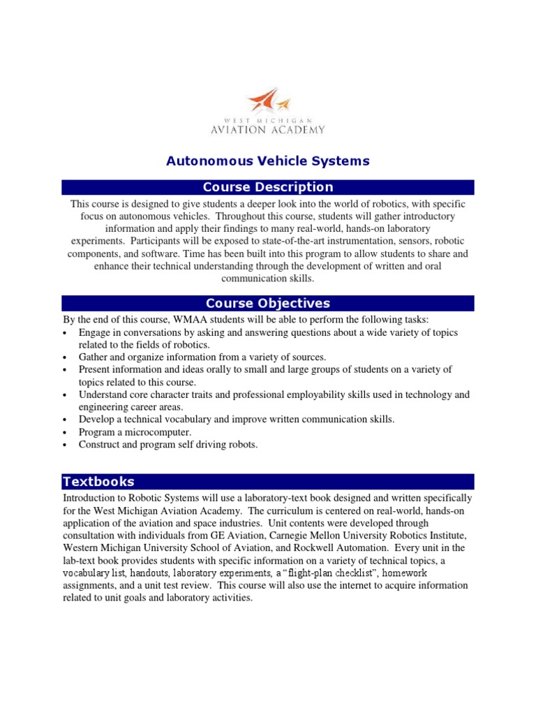 autonomous vehicle systems syllabus Grading (Education) Learning