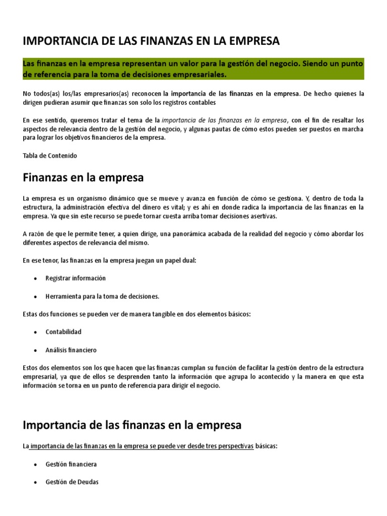 Importancia de las Finanzas Empresariales | PDF | Contabilidad ...
