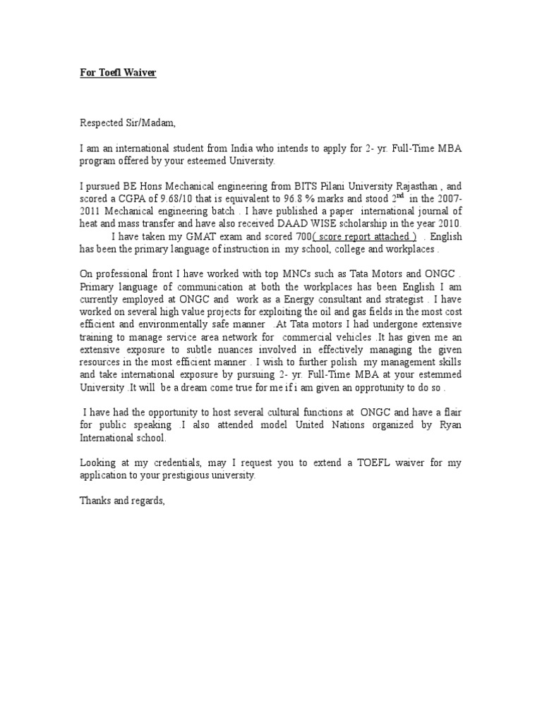 TOEFL Waiver Mail Sample | PDF