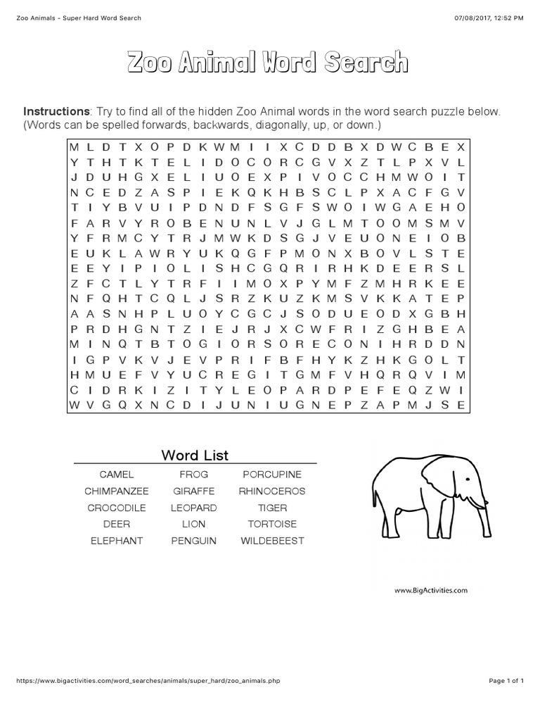 Zoo Animals Super Hard Word Search Word Search Leisure