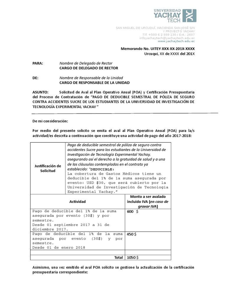 Solicitud de Aval Al Plan Operativo Anual (POA) y Certificación ...