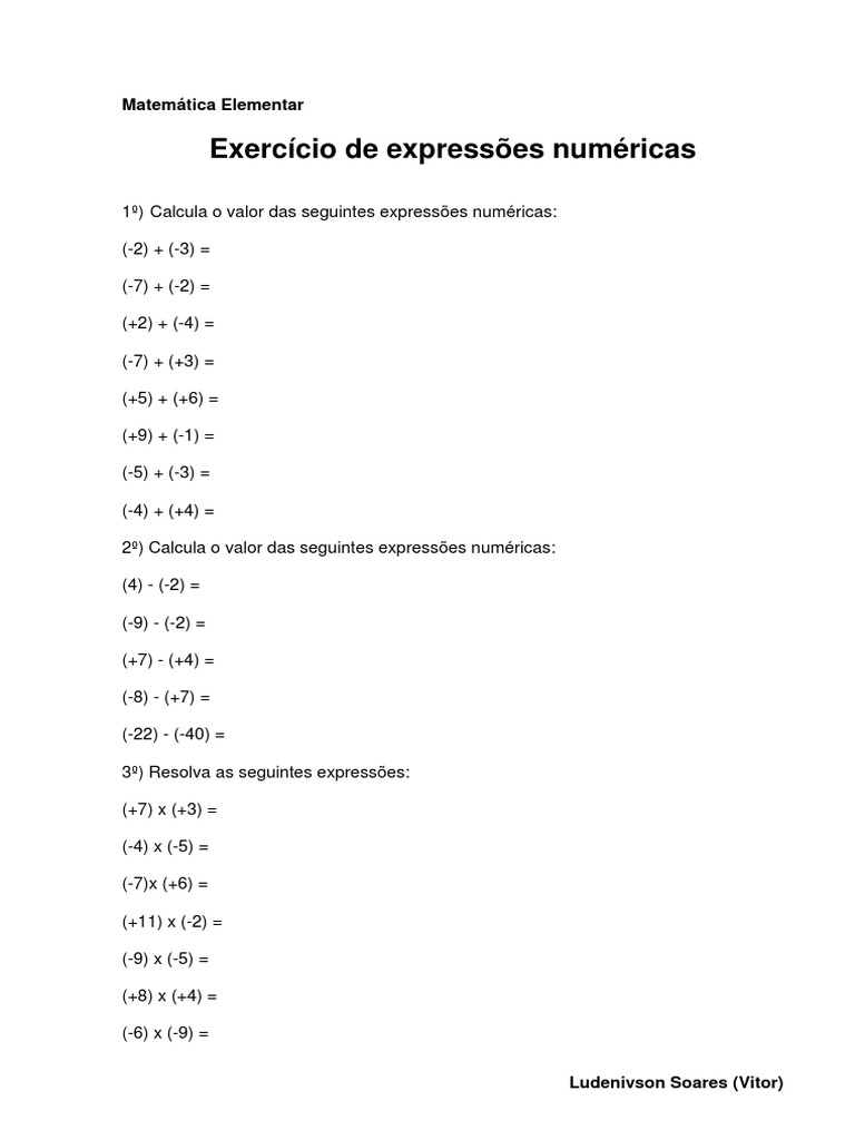 Exercícios Expressões Numéricas (Revisão de Jogo Dos Sinais)