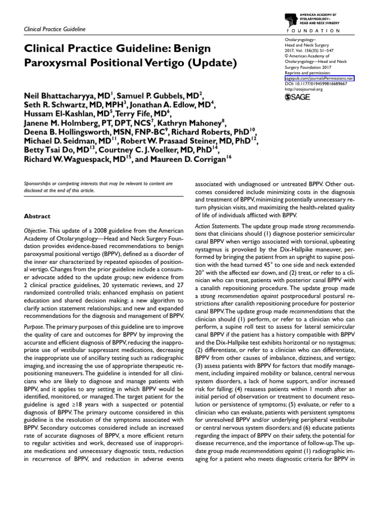 Clinical Practice Guideline BPPV | PDF | Vertigo | Evidence Based Medicine