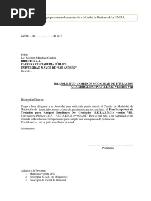 Modelo De Carta Cambio De Modalidad Inscripcion Y Certificacion Pdf Business