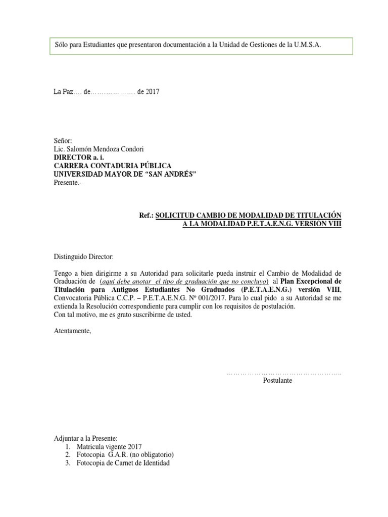 Modelo de Carta Cambio de Modalidad Inscripcion y Certificacion