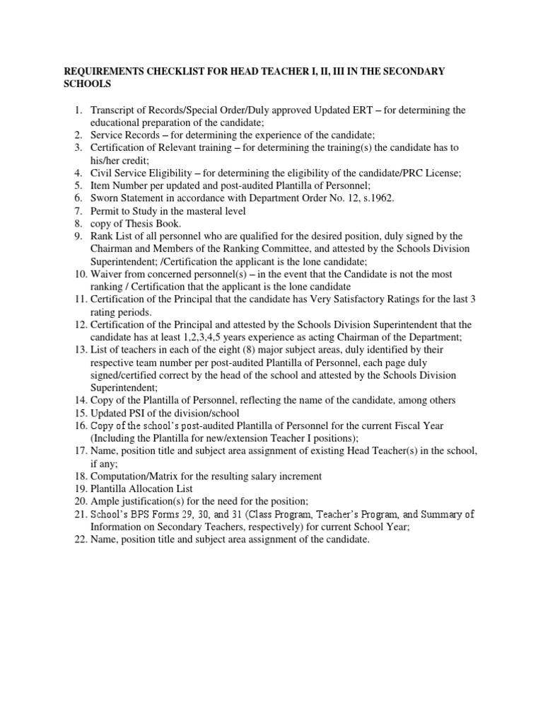 Requirements Checklist for Head Teacher I Teachers Government