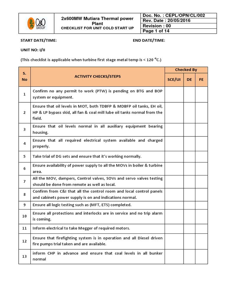 Cold Start Up Checklist Boiler Energy Technology