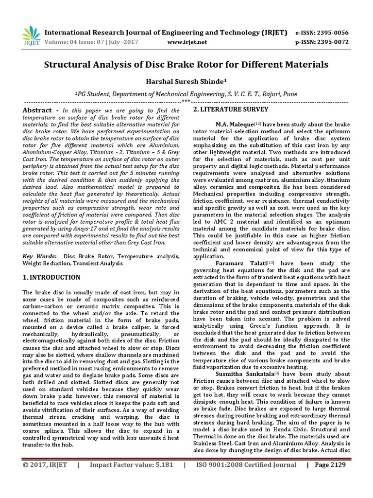 Structural Analysis of Disc Brake Rotor For Different Materials | PDF ...
