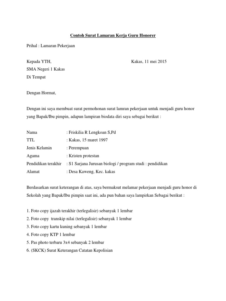 Contoh Surat Lamaran Guru Honor