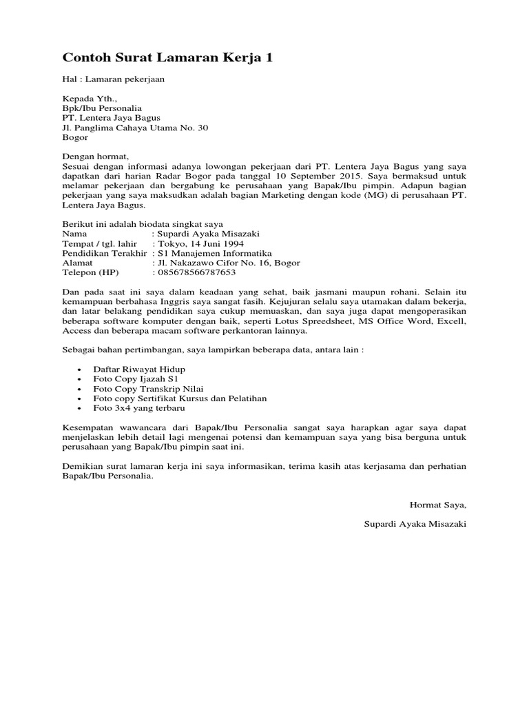 Contoh Surat Lamaran Kerja Docx - Kumpulan Contoh Surat