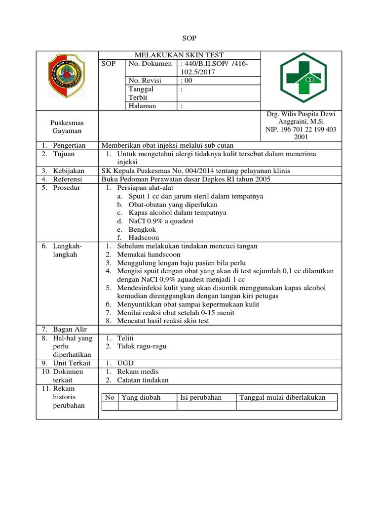 SOP Skin Test Injeksi di Puskesmas | PDF | Pengembangan Diri | Sains ...