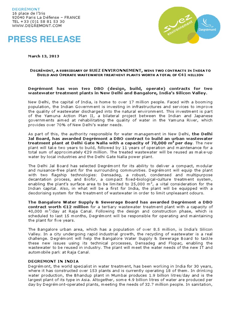 Degrémont Wins Two Wastewater Treatment Plant Contracts Worth €41