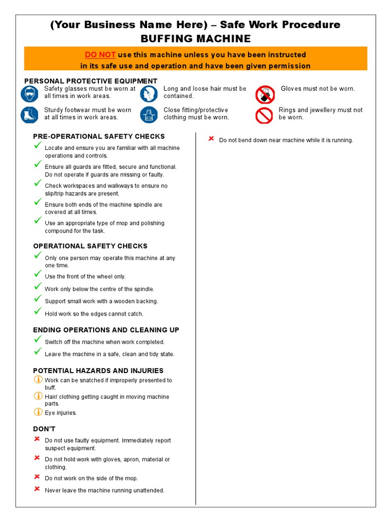 Buffing Machine Safe Work Procedure | PDF | Personal Protective ...