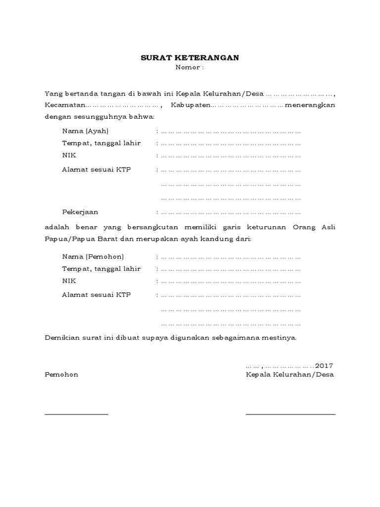 Surat Keterangan Garis Keturunan Asli Papua