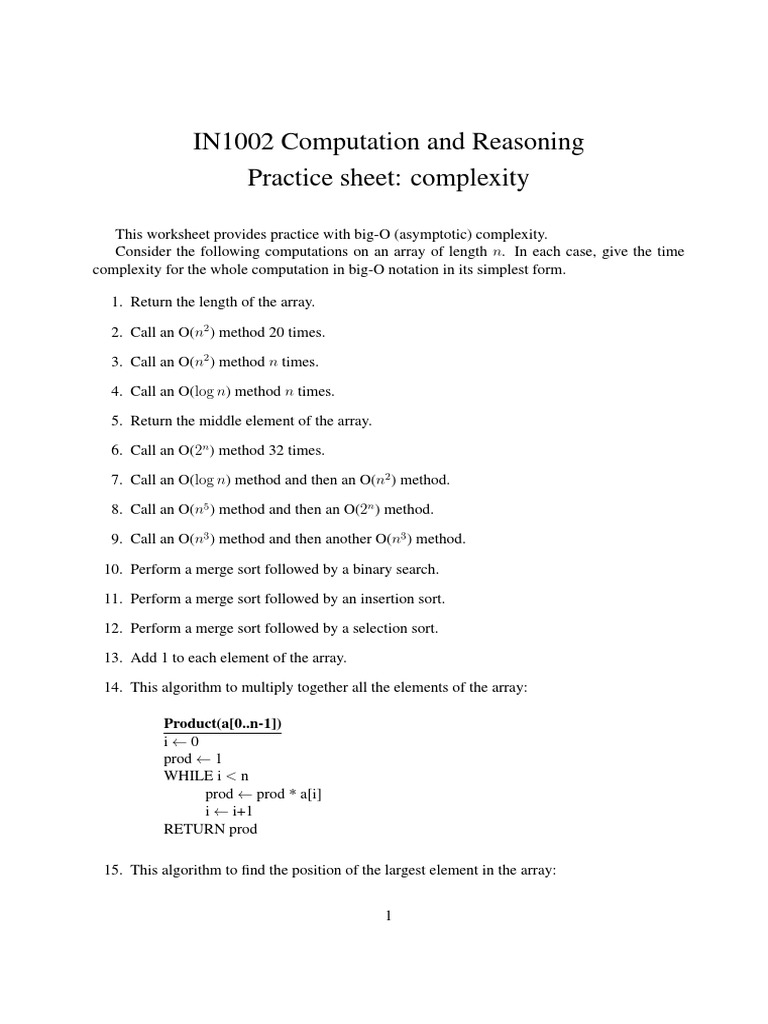 IN1002 Computation and Reasoning Practice Sheet: Complexity | PDF