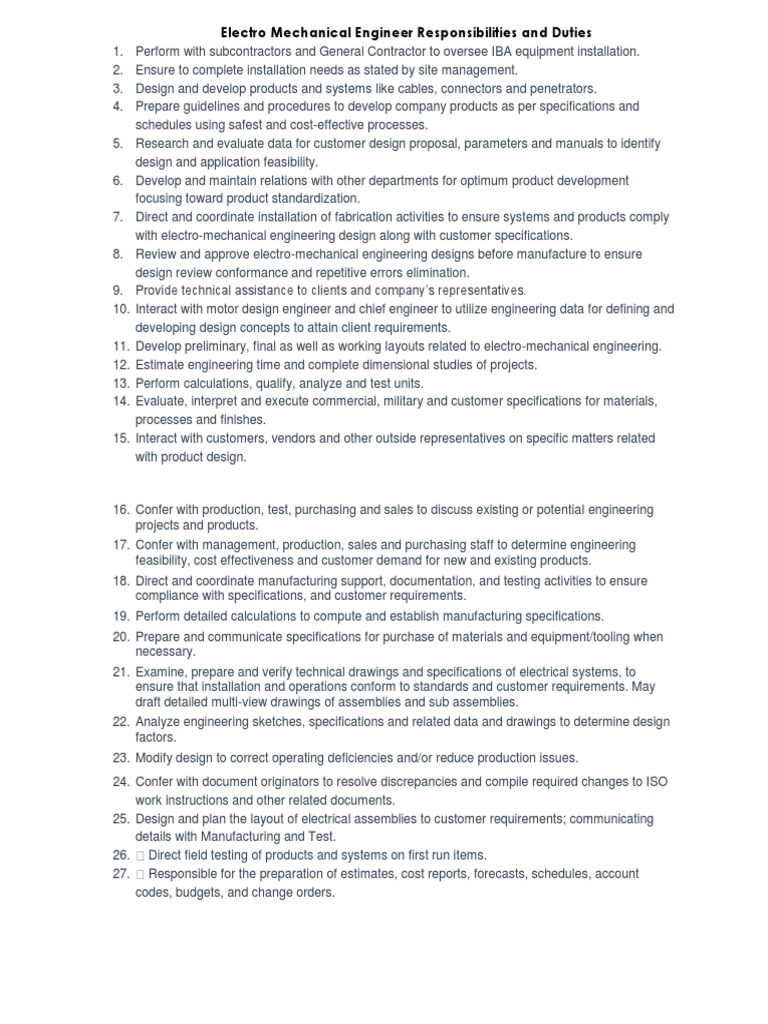 Electro Mechanical Engineer Responsibilities and Duties PDF Hvac